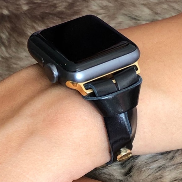 Gold Apple Watch Black Italian Leather Bracelet